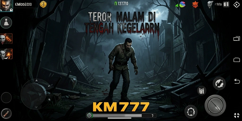 Screenshot gameplay KM777 yang menunjukkan momen menegangkan di kegelapan.