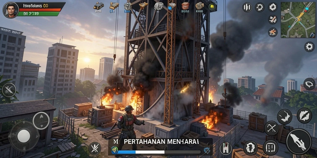 Menampilkan momen epik dalam pertahanan menara melawan gelombang musuh.
